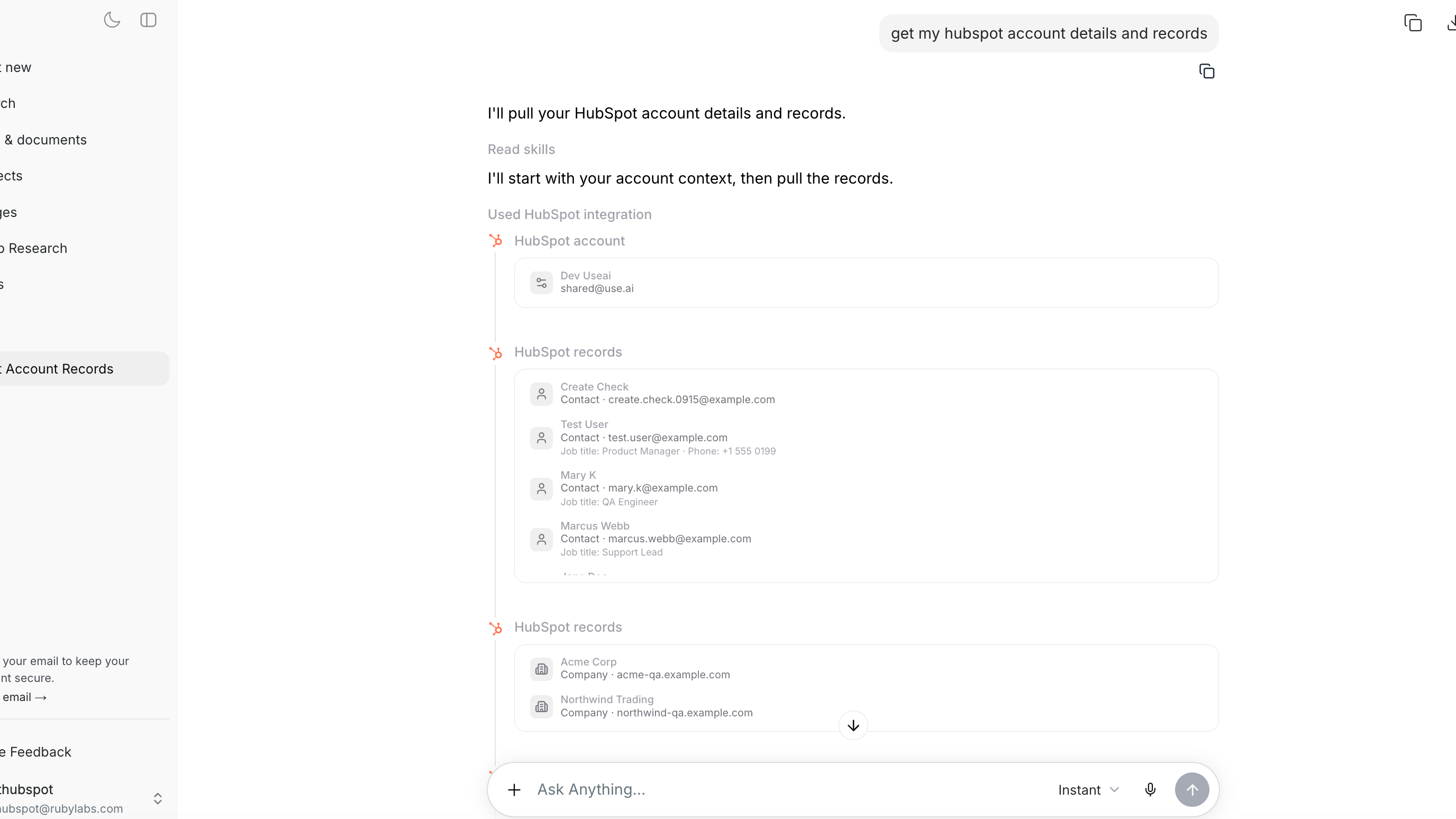 User checked HubSpot records in Use AI chat