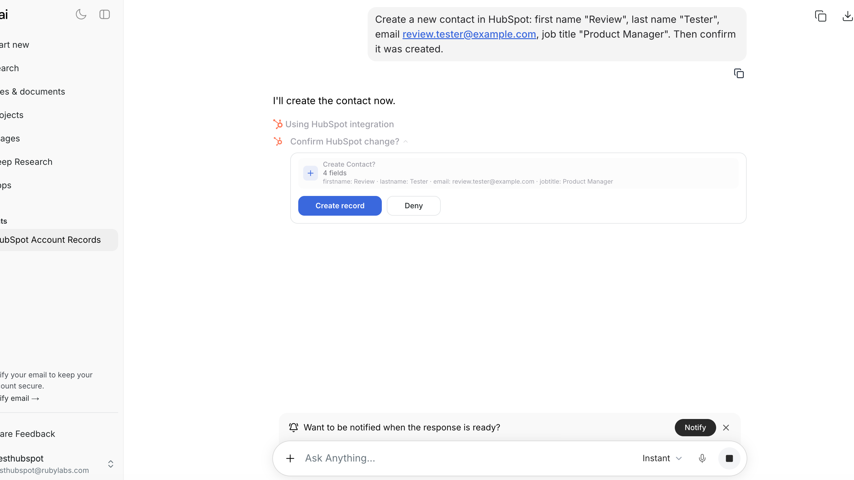 use.ai approval card asking to confirm creating a new HubSpot contact before it is saved